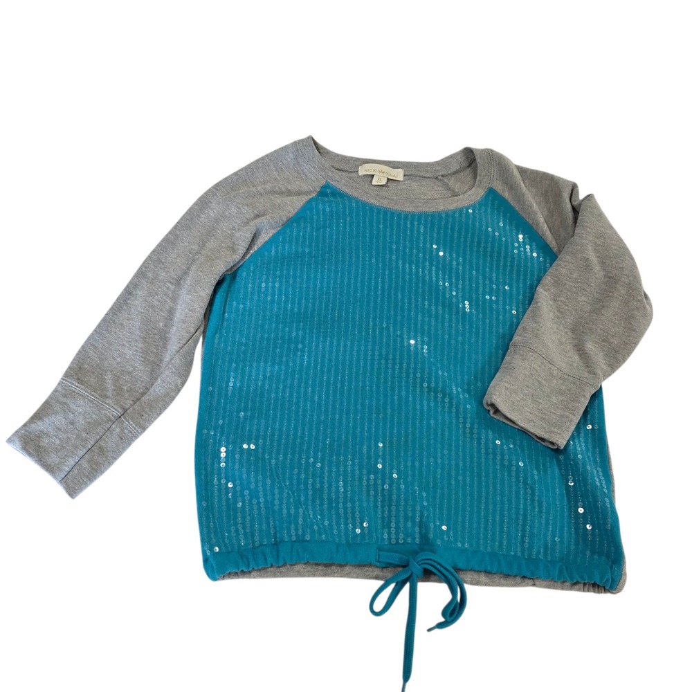 Nicki Minaj Pullover Top Blue Gray XL 3/4‎ Raglan Sleeve Sequin Drawstring Chic